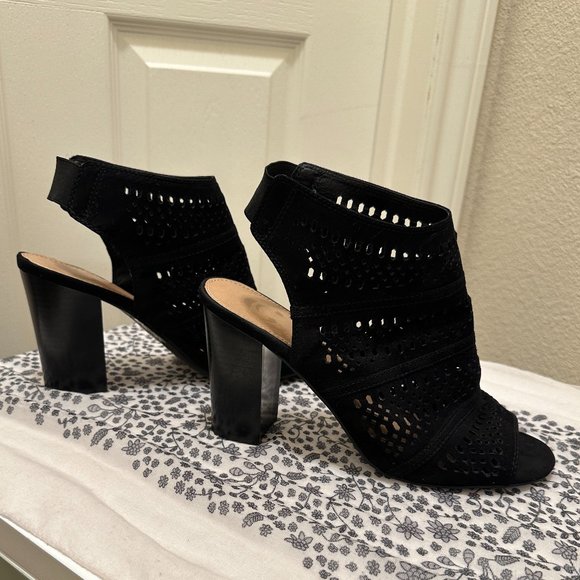 C Shoes - C Sexy Laser Cut Design Black Faux Suede Booties With Open Toe Sling Back Sz 9M